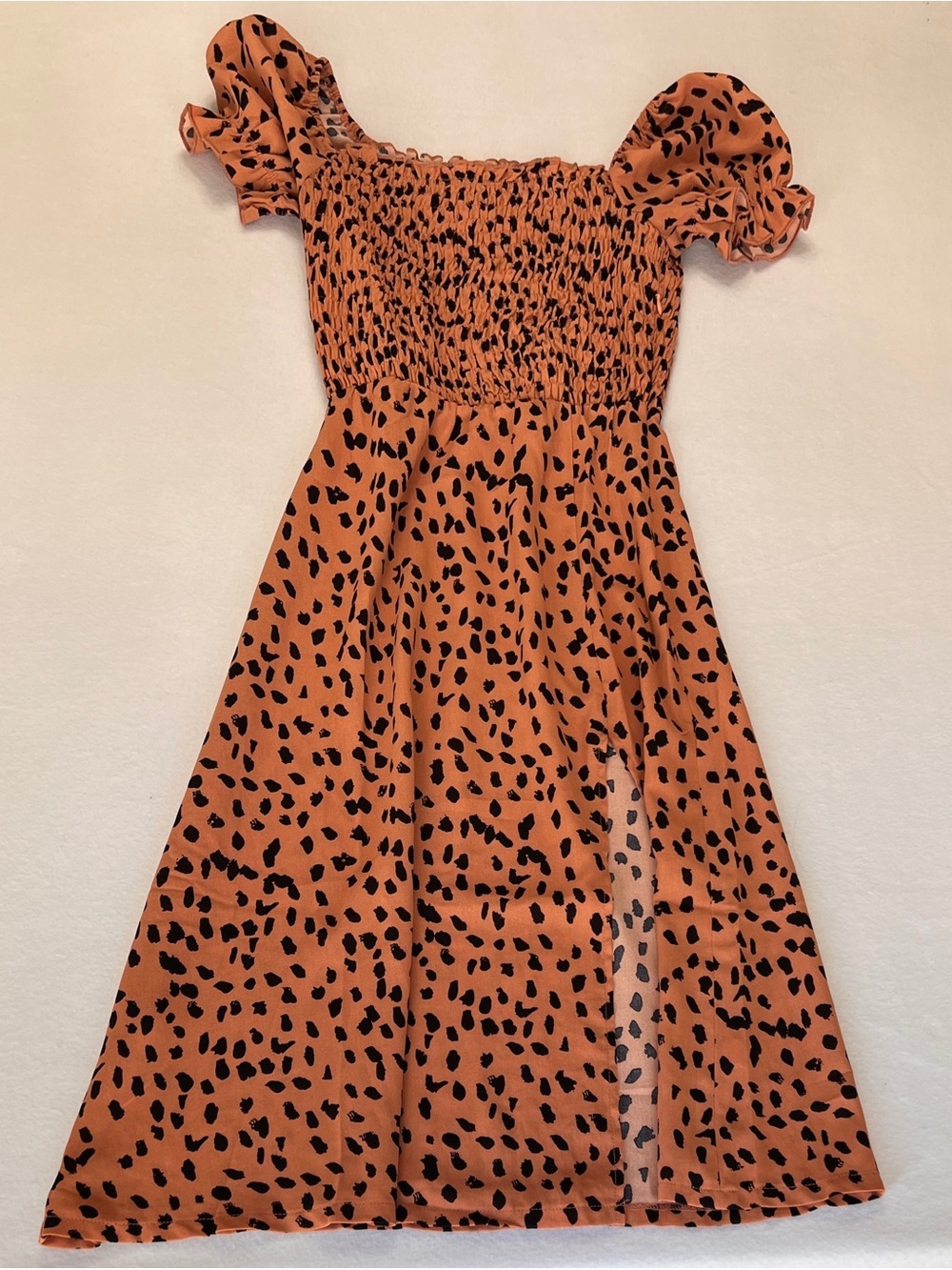 Women’s Small Brown Animal Print Off Shoulder Midi Dress Smocked Top Side Slit